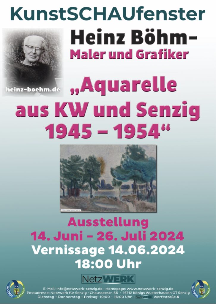 Vernissage von Heinz Böhm am 14.06.2024, 18.00 Uhr. "Aquarelle aus KW und Senzig 1945-1954"